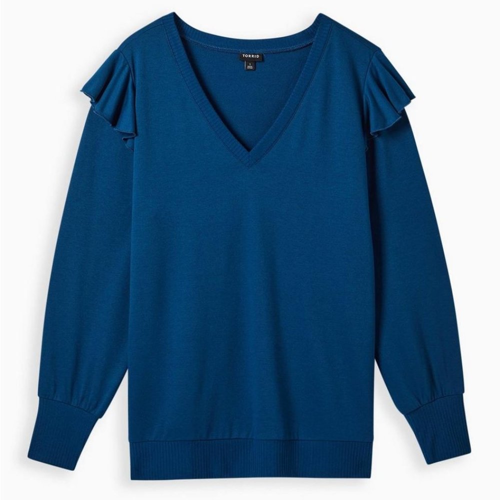 Torrid Blue Lightweight French Terry V-Neck Ruffle Shoulder Sweatshirt Sweater 3